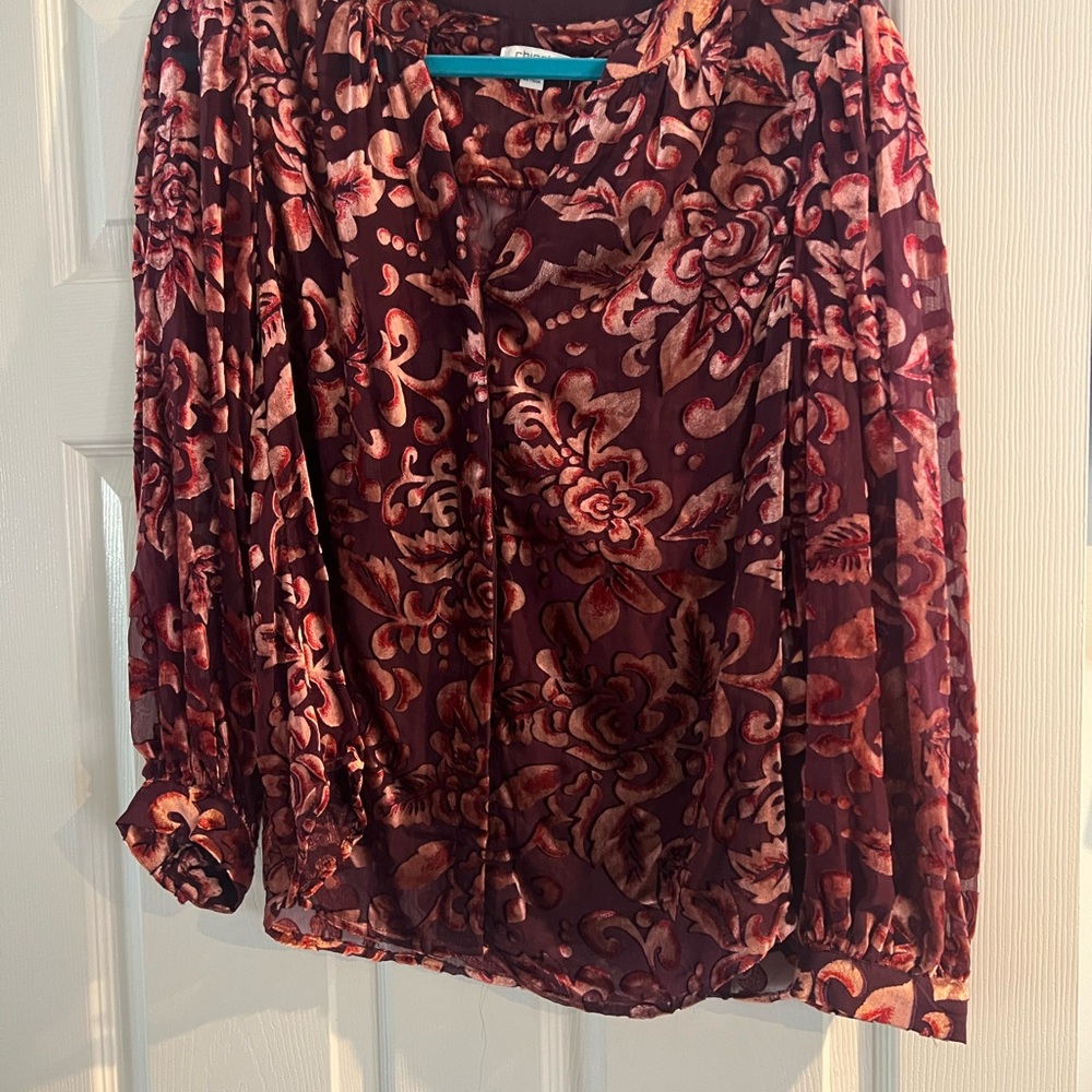 Chico'sBurgandy burnout Blouse with Long Sleeves and Flowing Design